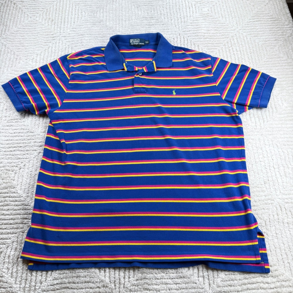 Vintage Polo Ralph Lauren Polo Shirt Men XXL Blue Stripe Preppy Tennis Golf 80s